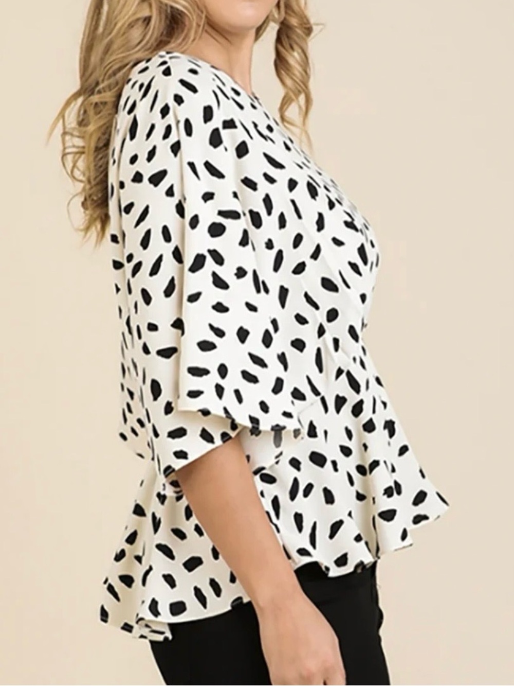 Umgee White & Black Abstract Print Peplum Blouse Office Chic Size XL